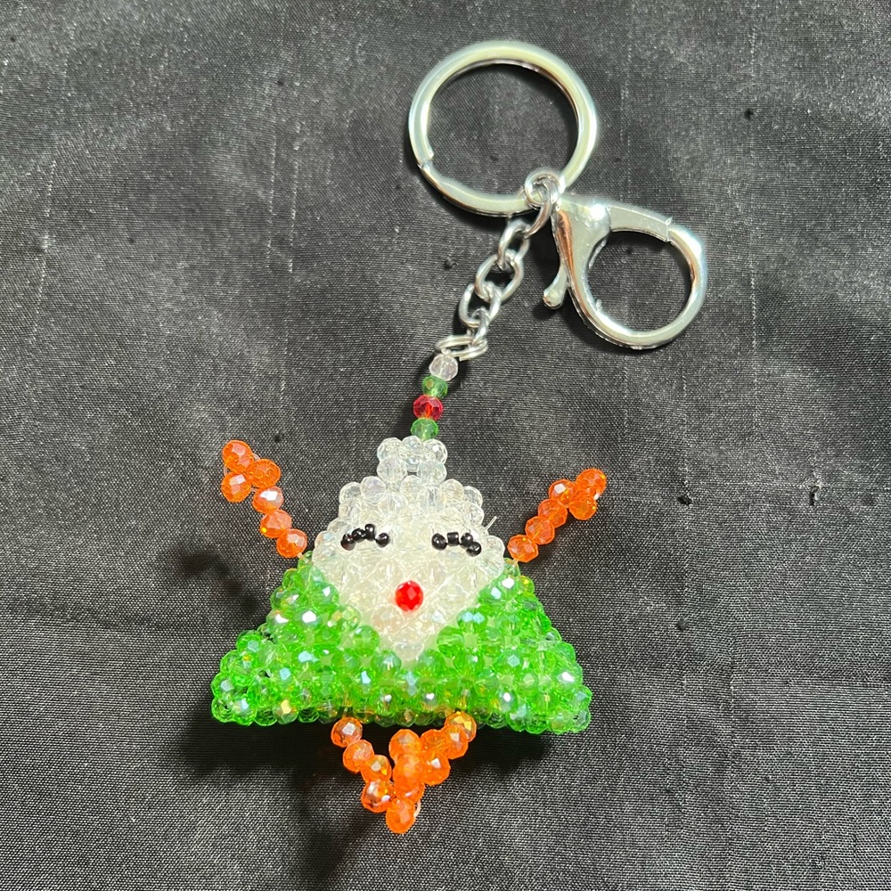 White & Green Sparkly Shiny Beaded Onigiri Keychain Charm Kawaii Crystal Cute